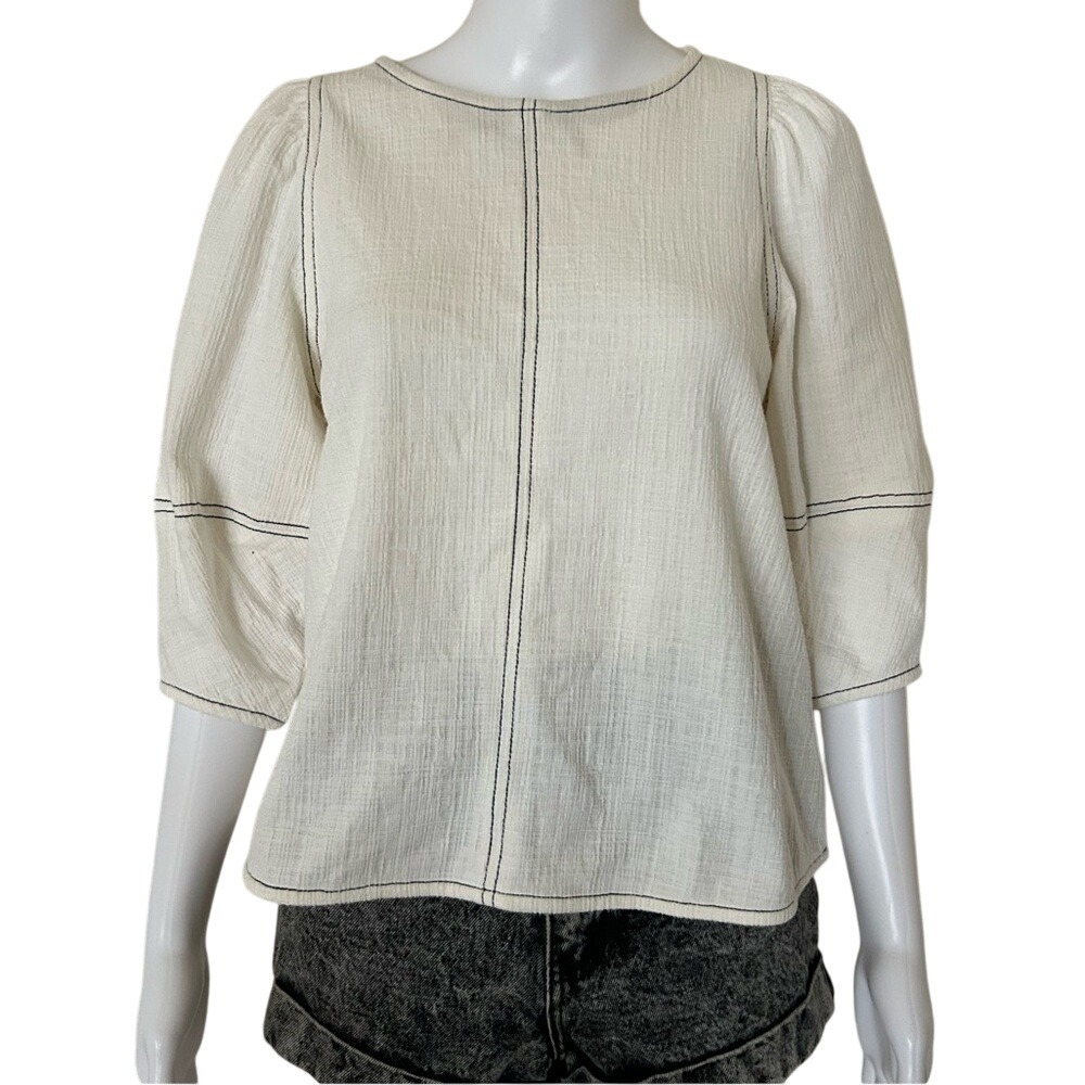 Current Air Beige Ivory Puff Sleeve Boho Peasant Loose FIt Blouse Top SP